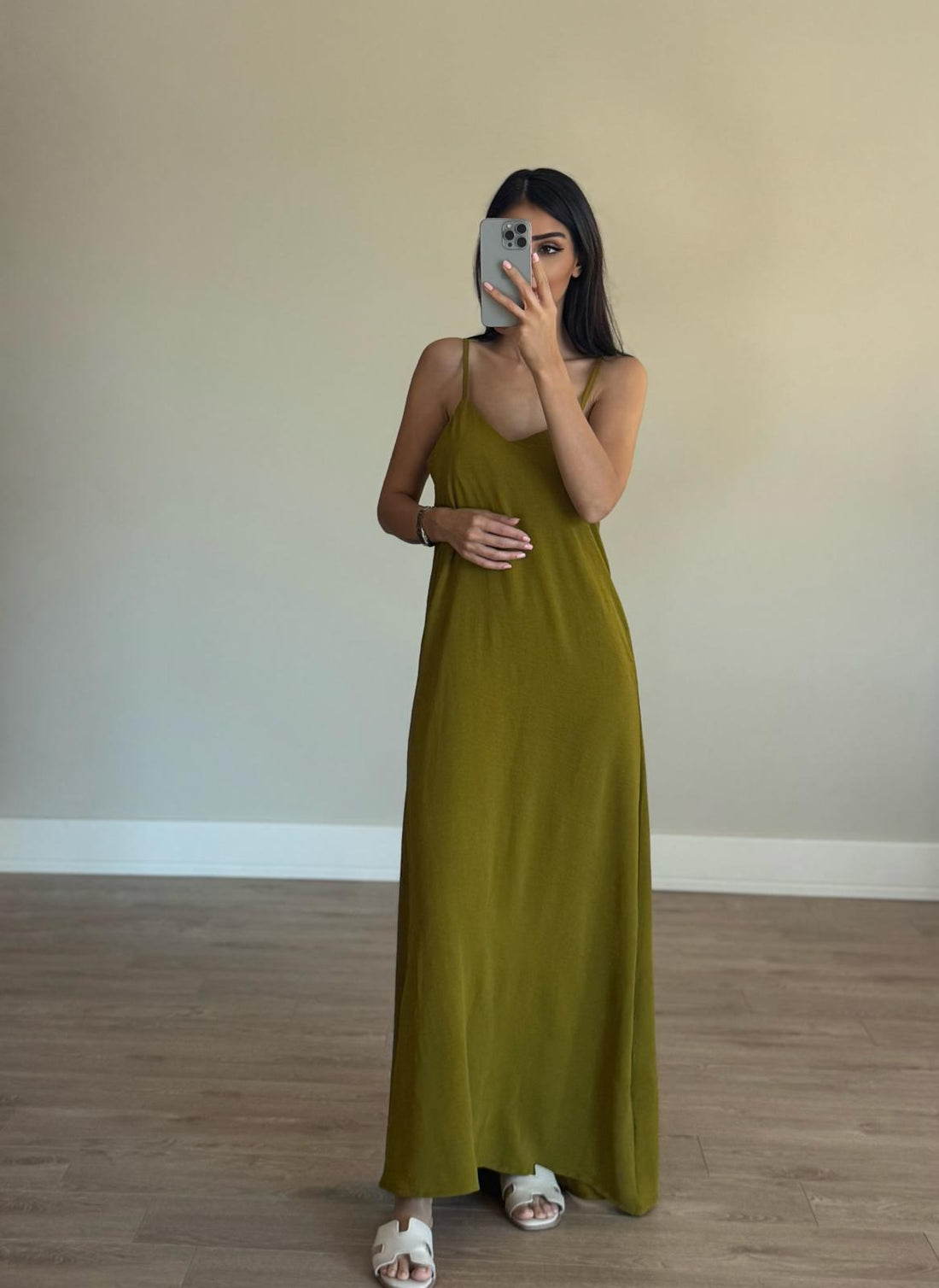 Olive Ayarlanabilir Askılı Ayrobin Elbise