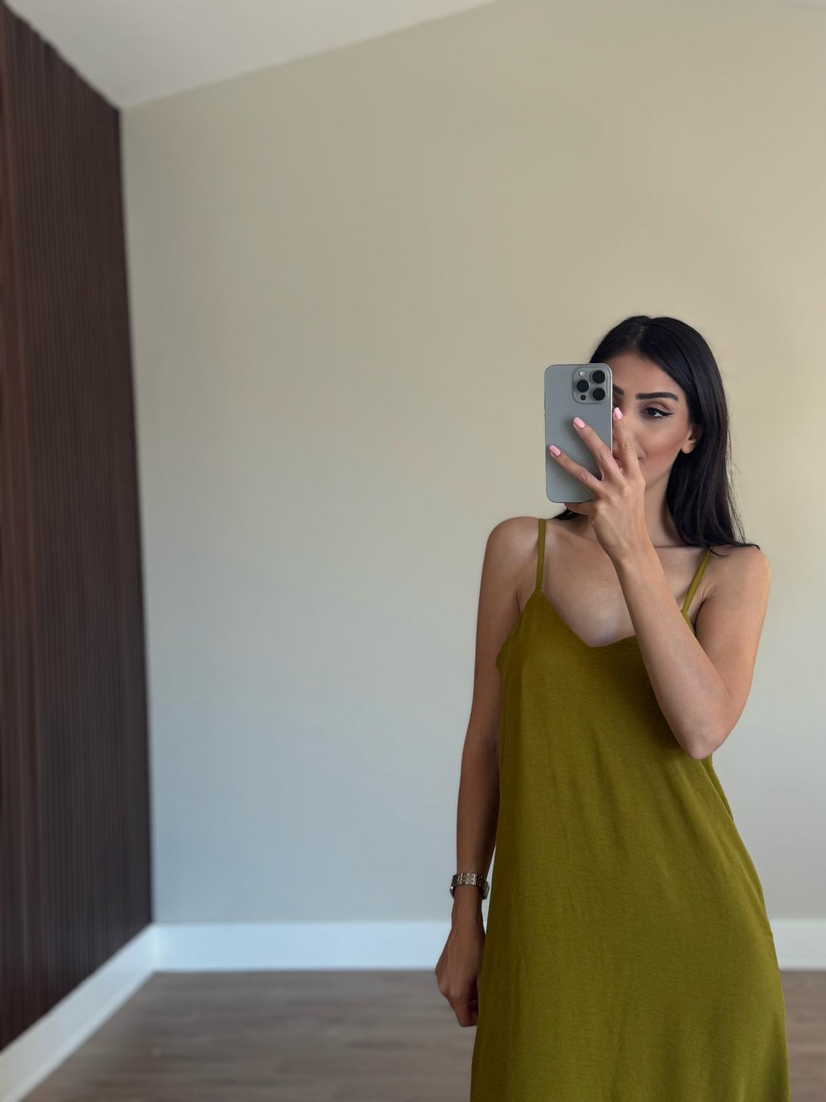 Olive Ayarlanabilir Askılı Ayrobin Elbise