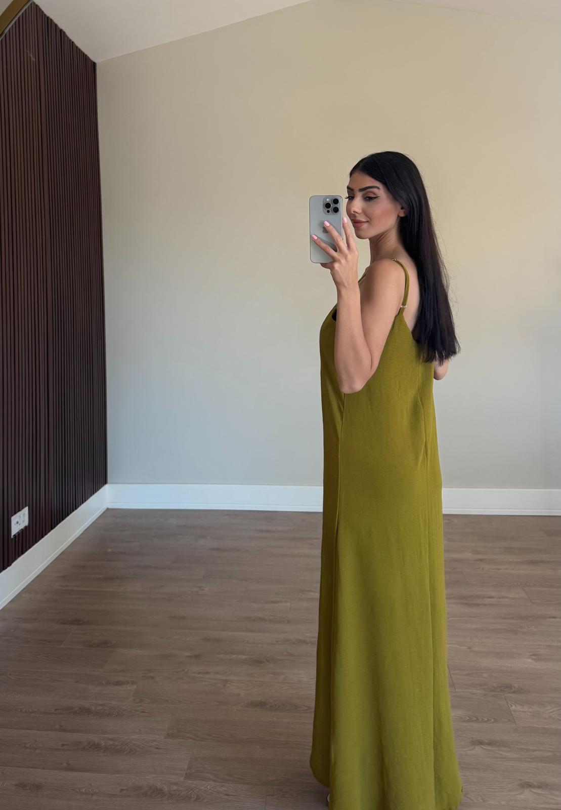 Olive Ayarlanabilir Askılı Ayrobin Elbise