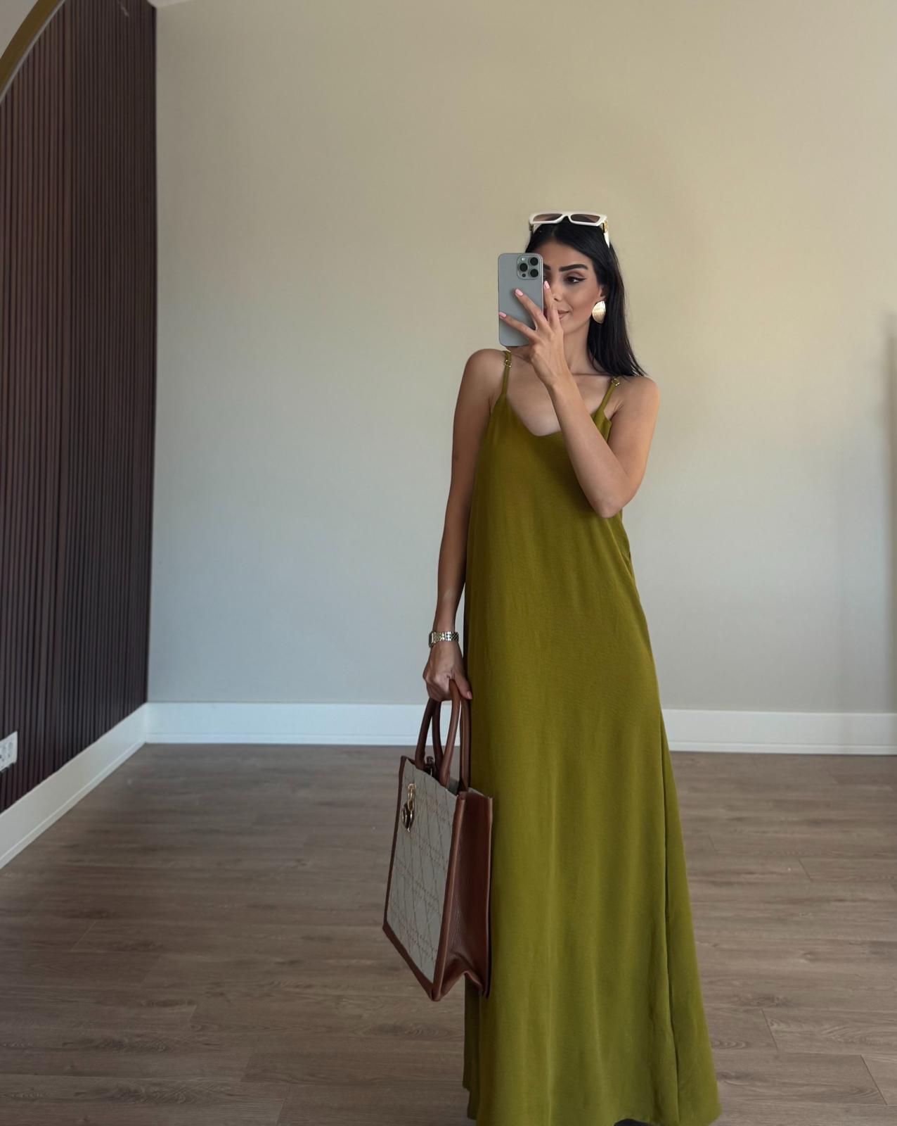 Olive Ayarlanabilir Askılı Ayrobin Elbise