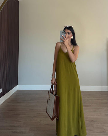 Olive Ayarlanabilir Askılı Ayrobin Elbise