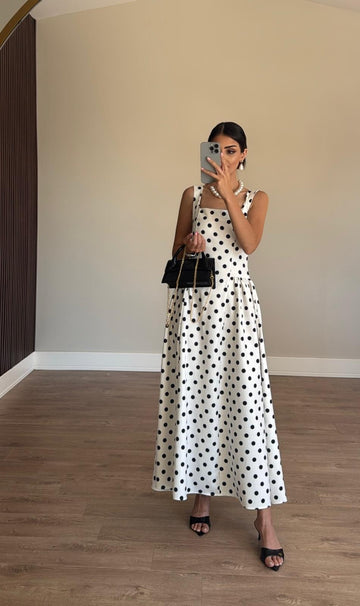 Puantiyeli Maxi Elbise-Beyaz