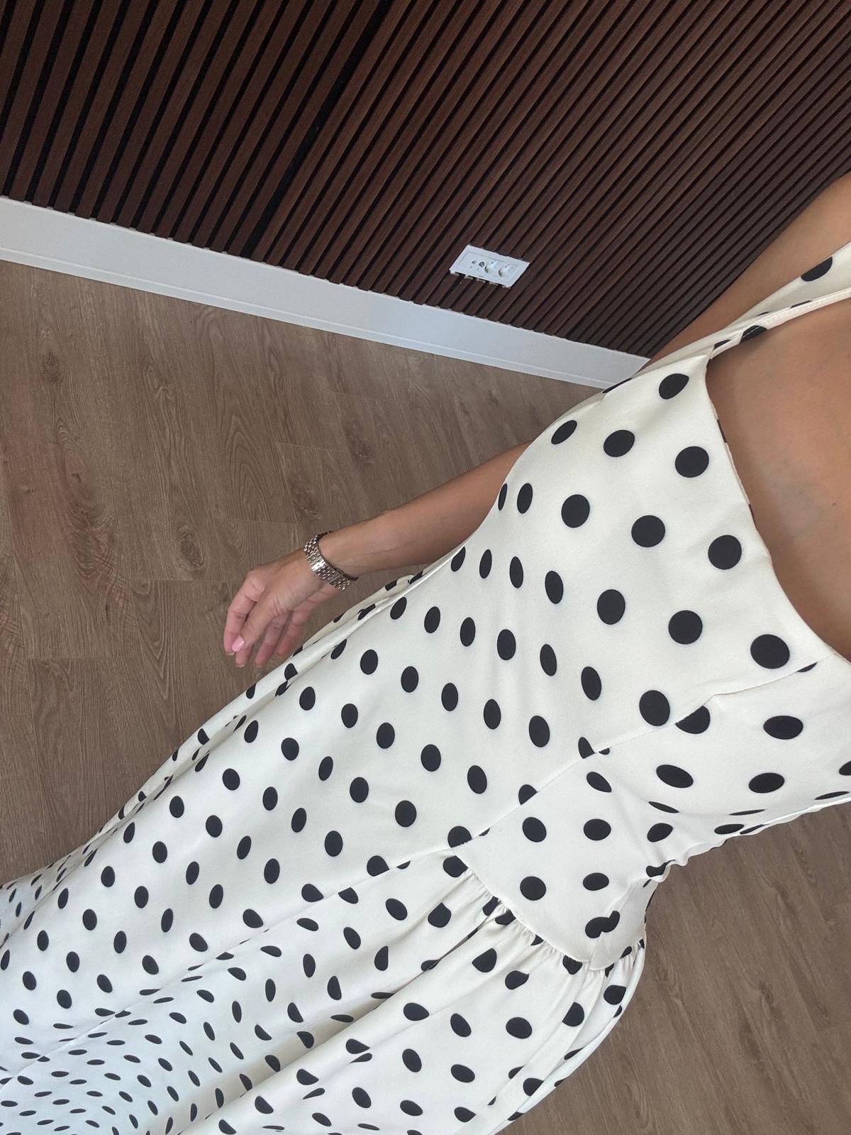 Puantiyeli Maxi Elbise-Beyaz