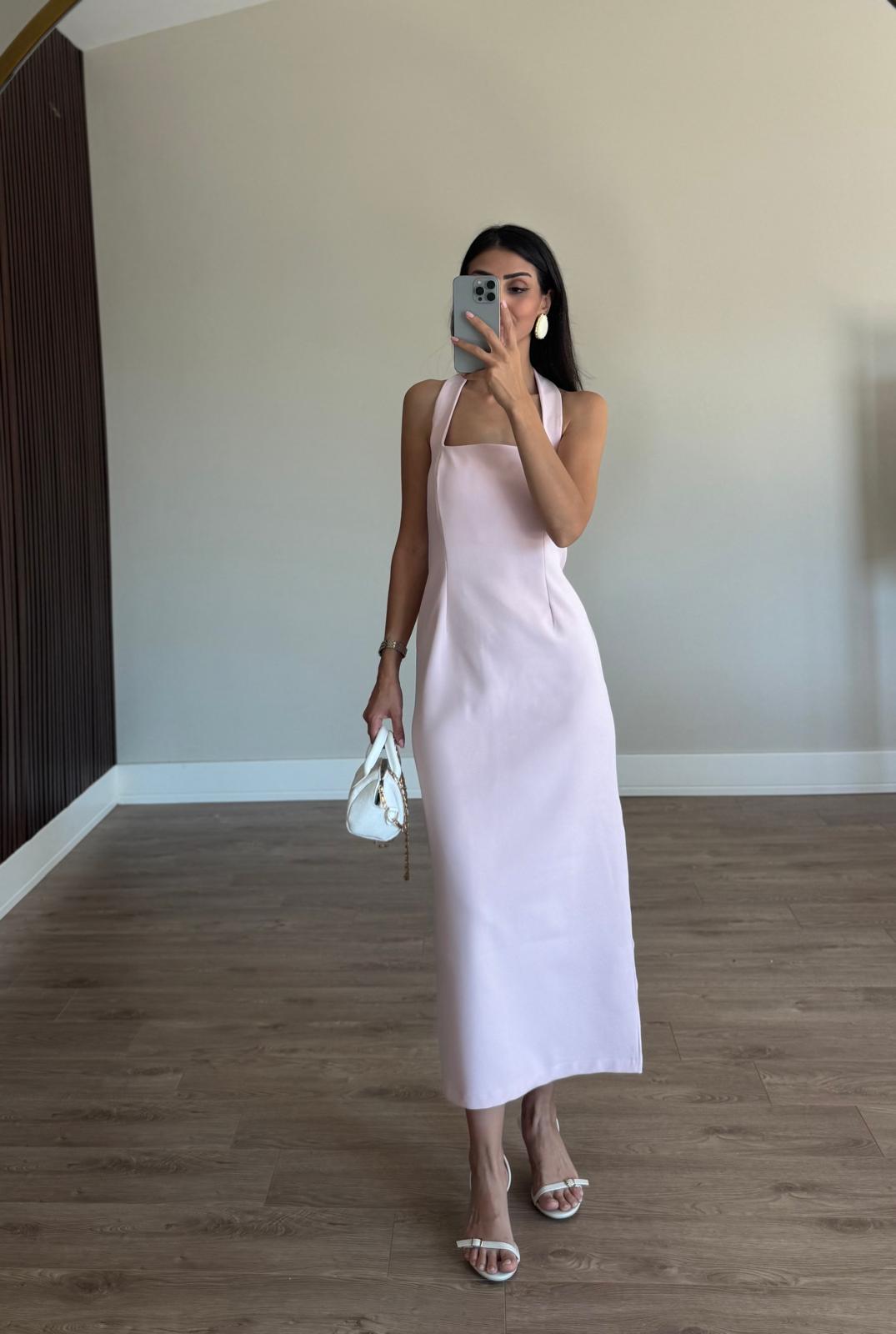 Toz Pembe Boyundan Askılı Maxi Elbise