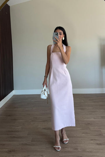 Toz Pembe Boyundan Askılı Maxi Elbise