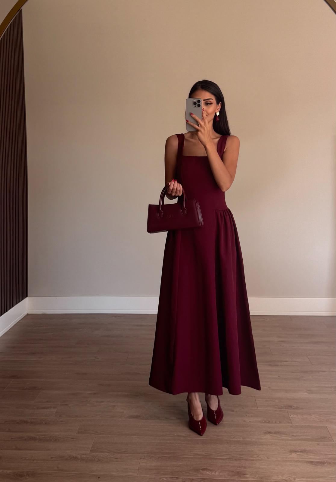 Kare Yaka Bordo Midi Elbise