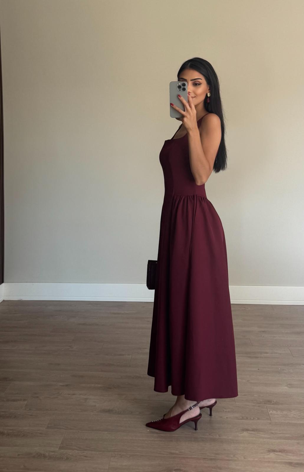 Kare Yaka Bordo Midi Elbise
