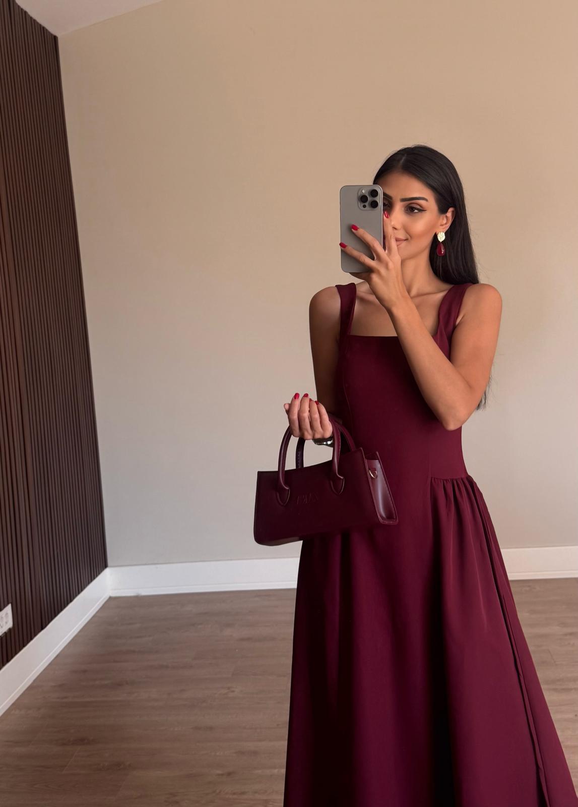 Kare Yaka Bordo Midi Elbise