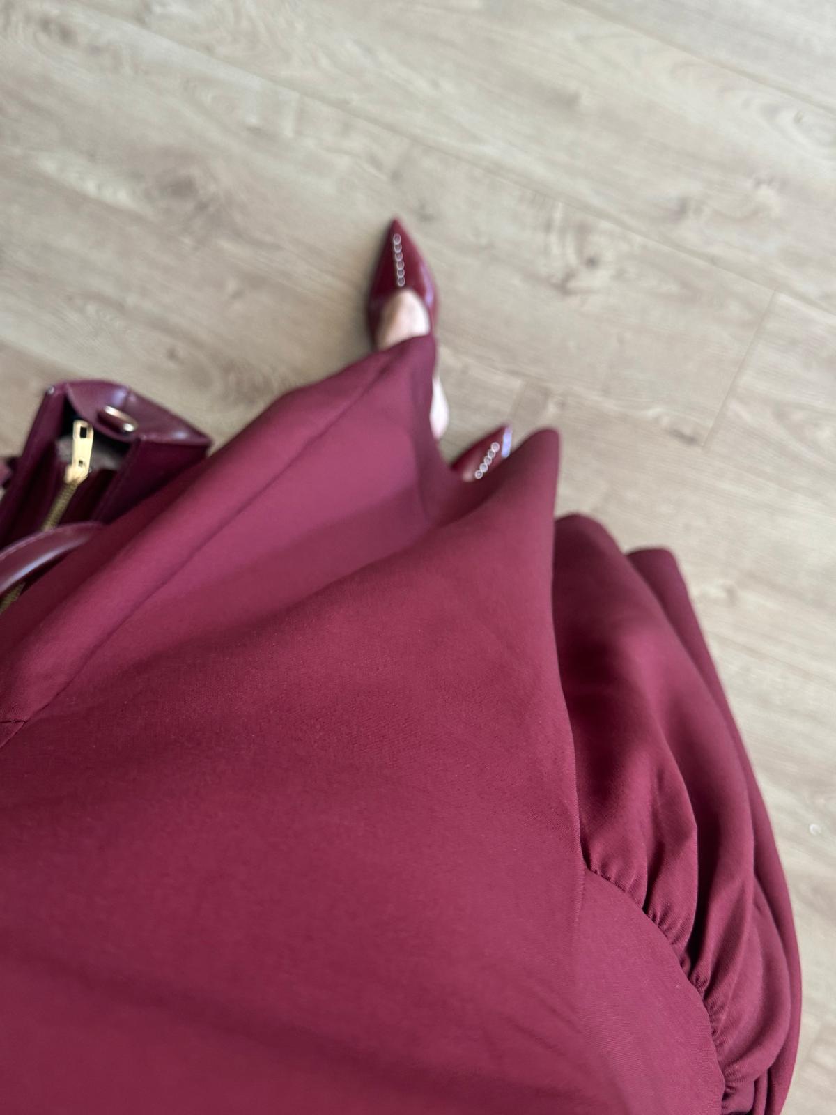 Kare Yaka Bordo Midi Elbise