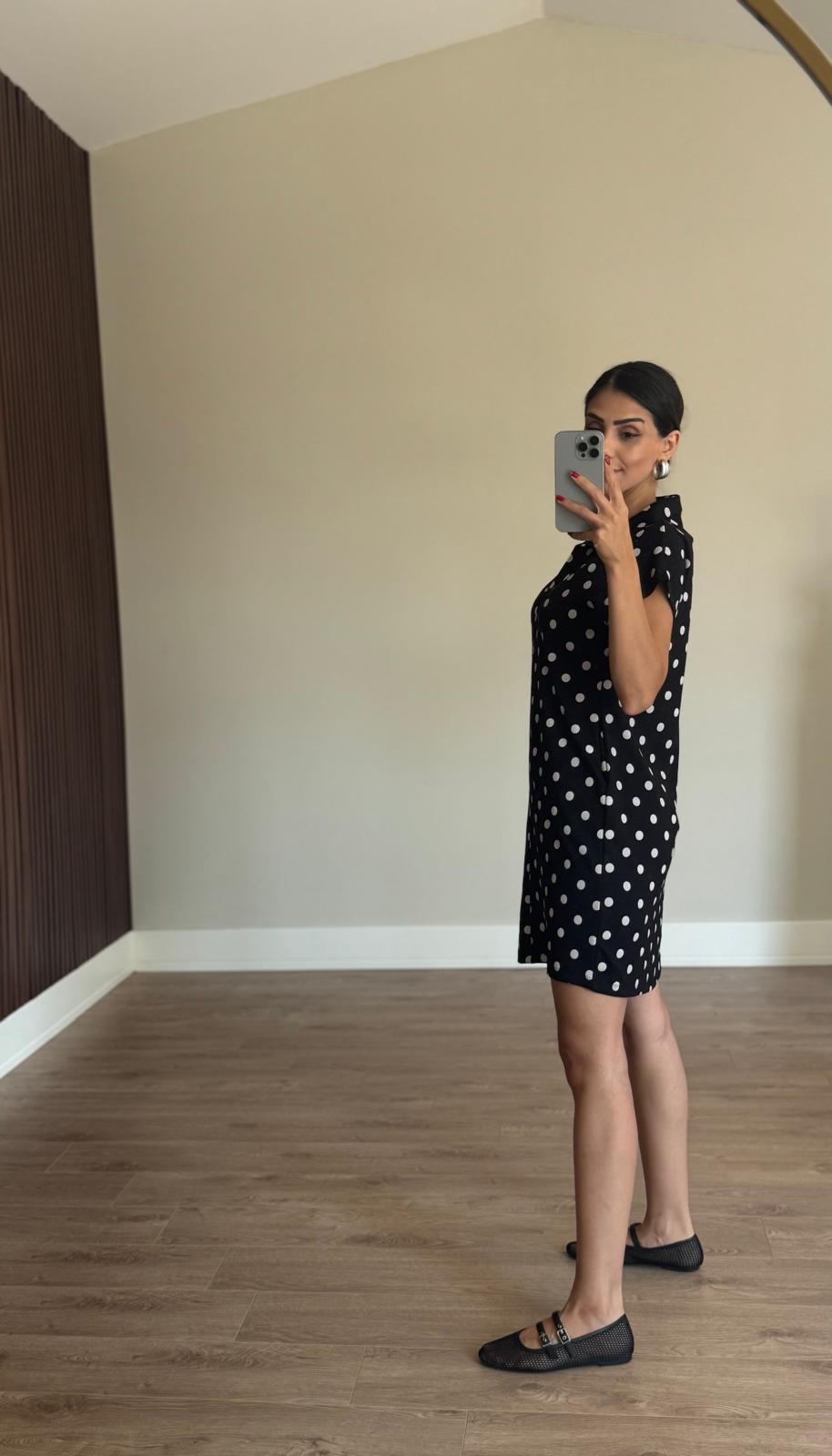 Pola Yaka Modal Siyah Puantiyeli Elbise