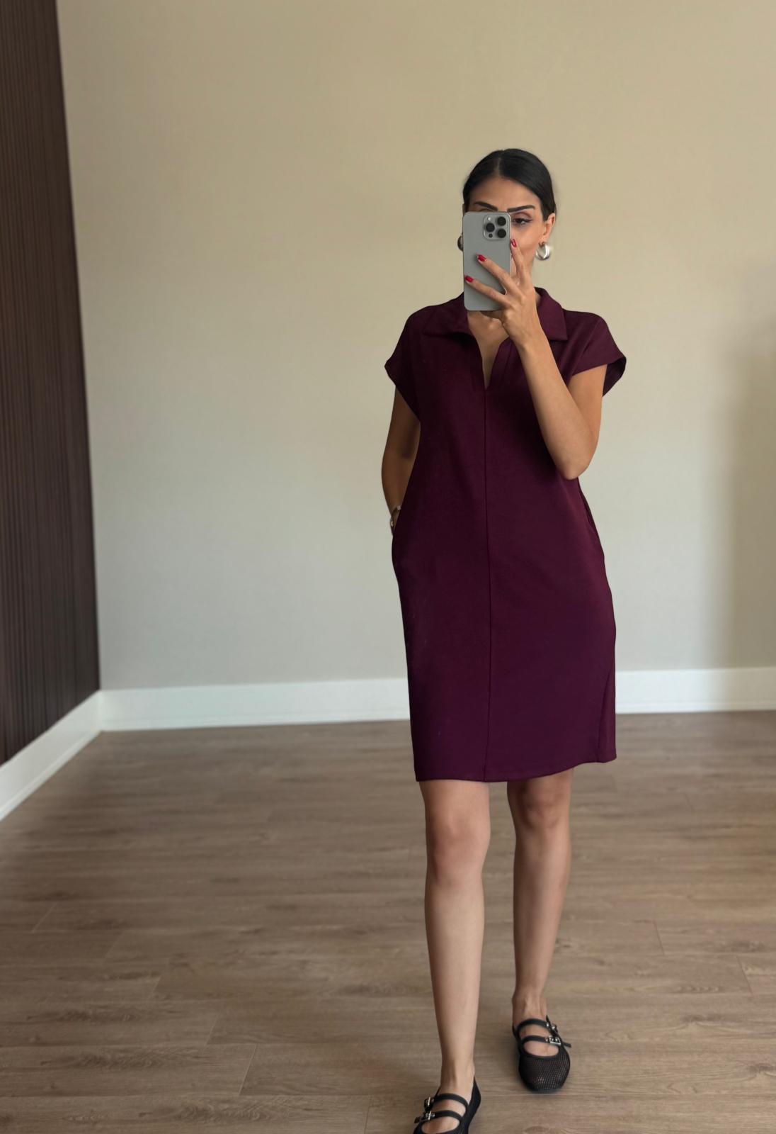 Pola Yaka Modal Bordo Elbise