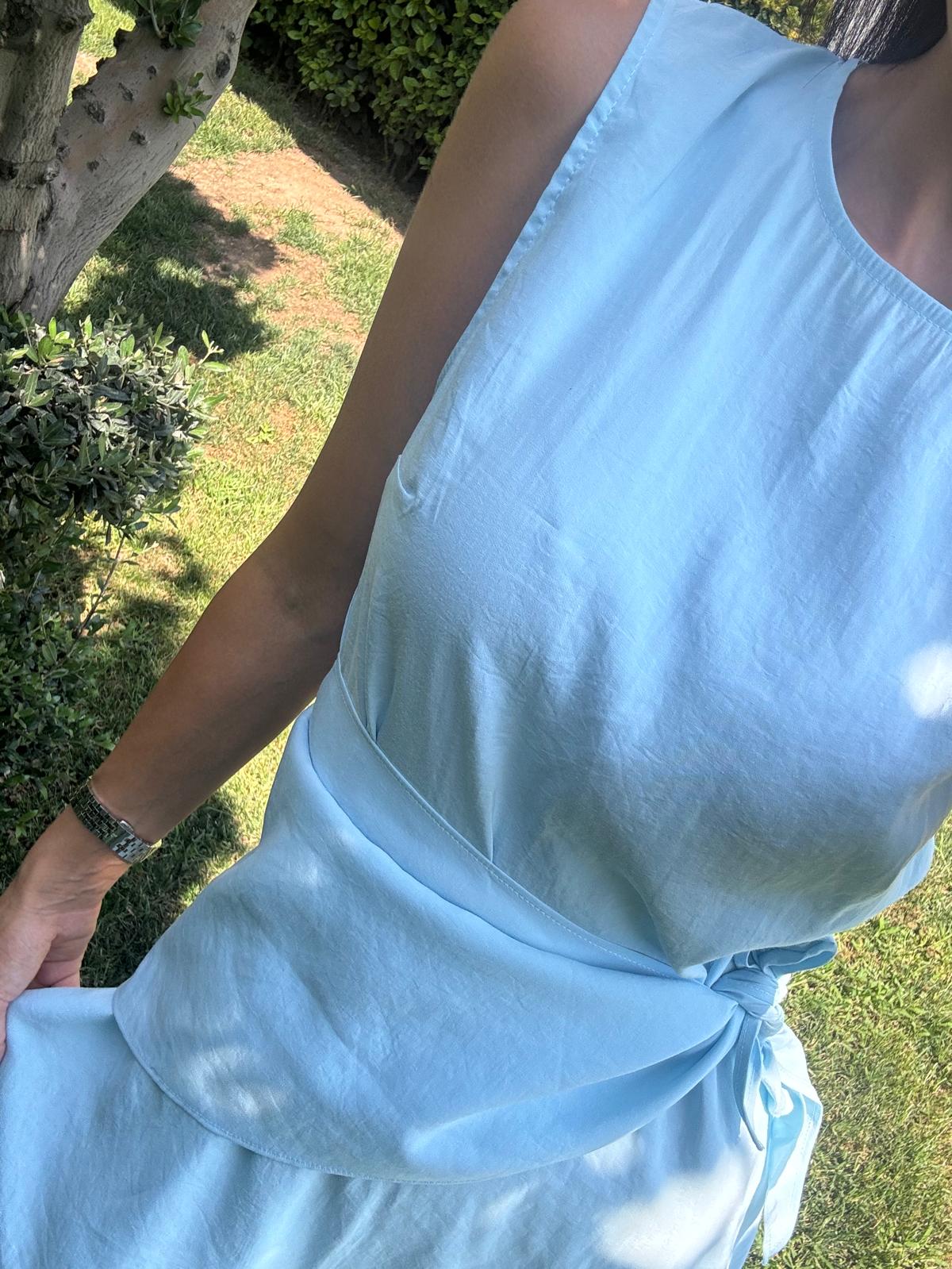 Sıfır Kol Fular Aksesuarlı Bebe Mavisi  Elbise
