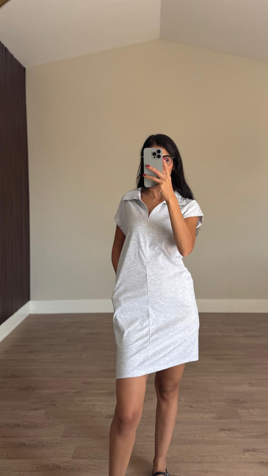 Pola Yaka Modal Gri Elbise
