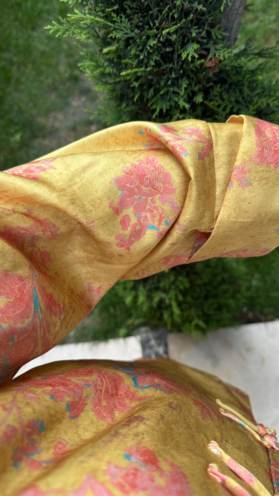 Hardal Japon Düğmeli Çiçek Baskılı Yumuşak Dokulu Bluz Pantalon Takım-Kod-2007