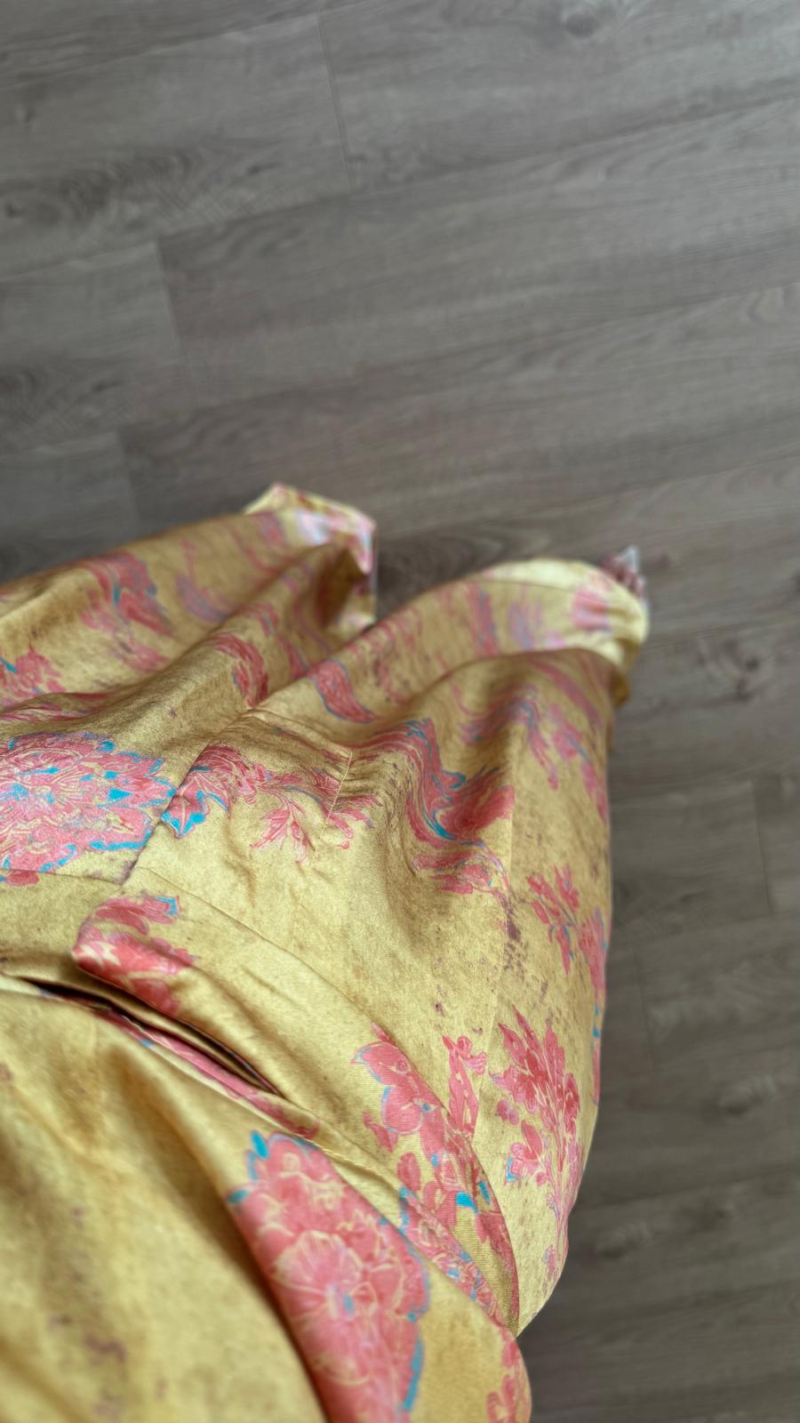 Hardal Japon Düğmeli Çiçek Baskılı Yumuşak Dokulu Bluz Pantalon Takım-Kod-2007