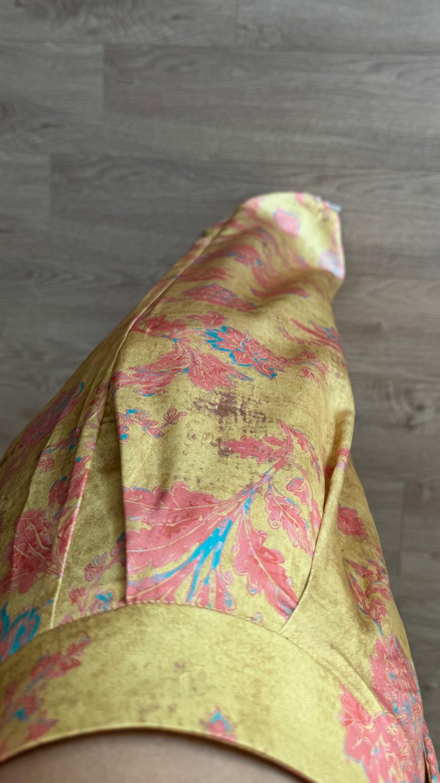 Hardal Japon Düğmeli Çiçek Baskılı Yumuşak Dokulu Bluz Pantalon Takım-Kod-2007
