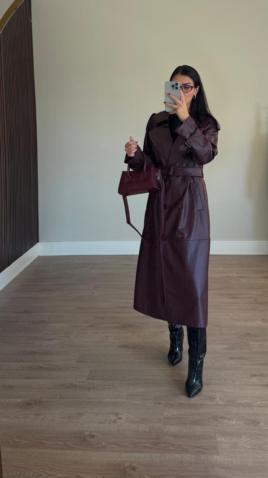 İthal Velvet Deri Bordo Trench
