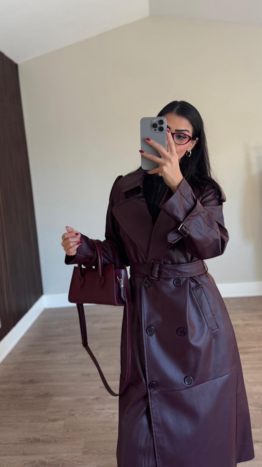 İthal Velvet Deri Bordo Trench