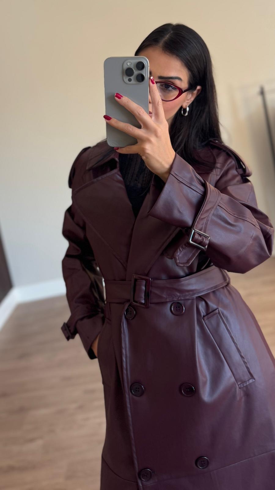 İthal Velvet Deri Bordo Trench