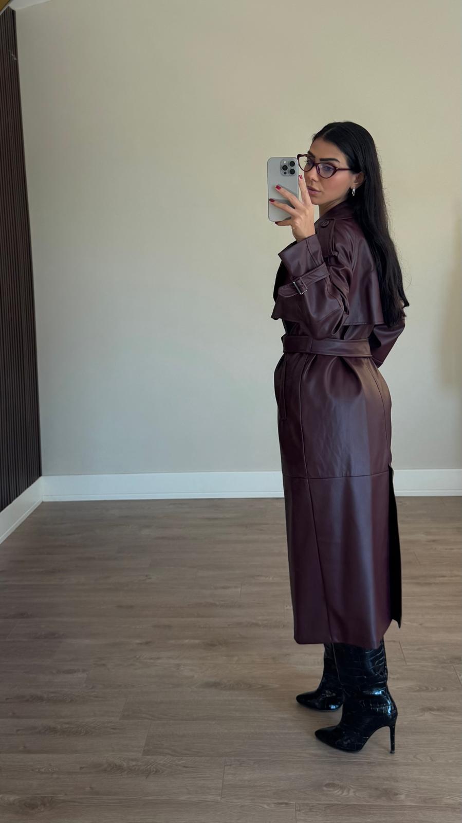 İthal Velvet Deri Bordo Trench