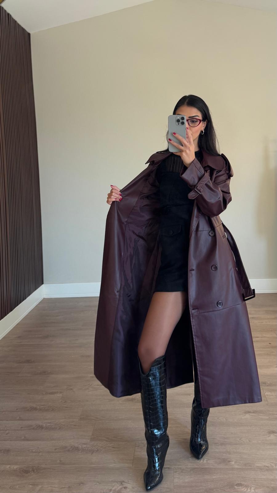 İthal Velvet Deri Bordo Trench