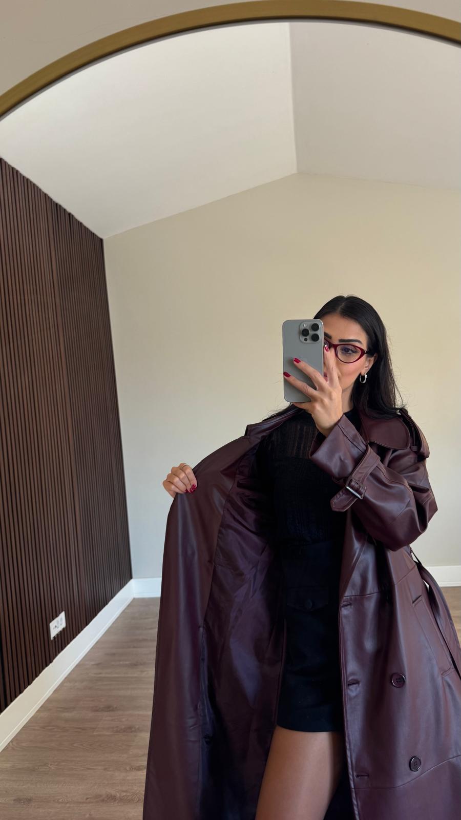 İthal Velvet Deri Bordo Trench