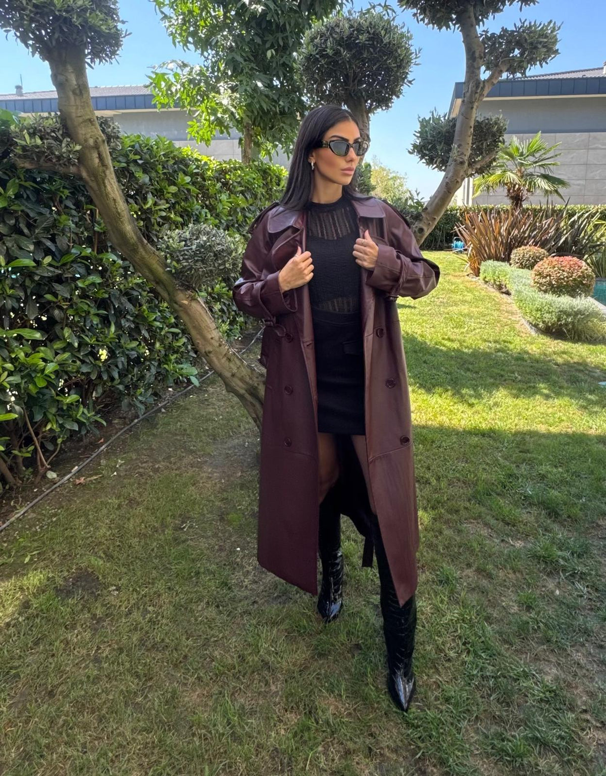 İthal Velvet Deri Bordo Trench