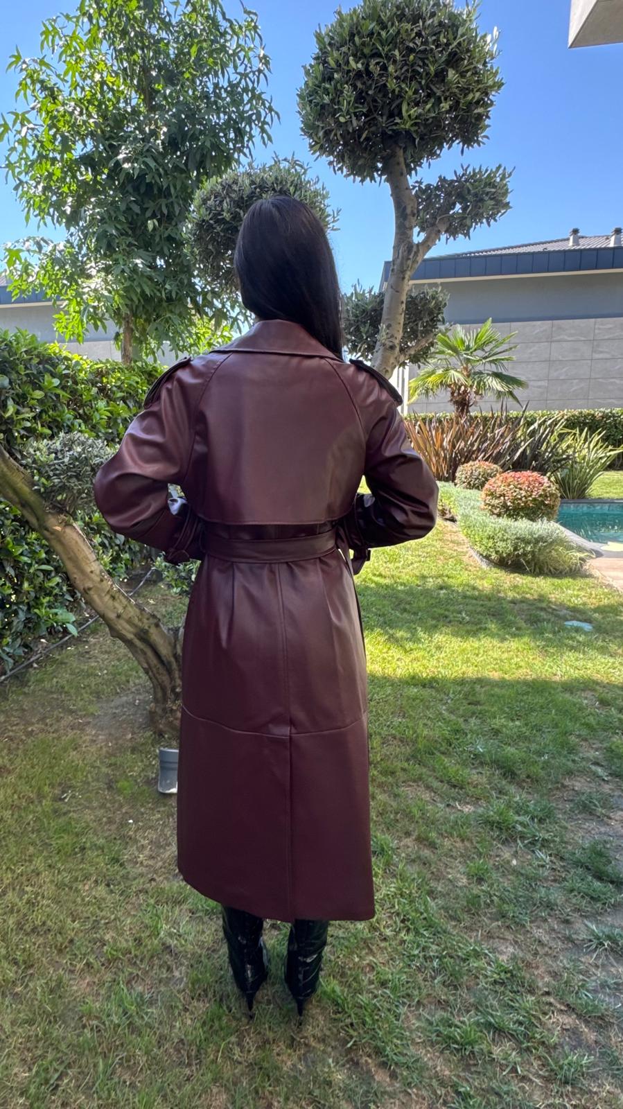 İthal Velvet Deri Bordo Trench