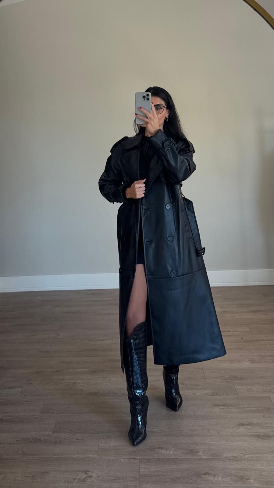 İthal Velvet Deri Siyah Trench