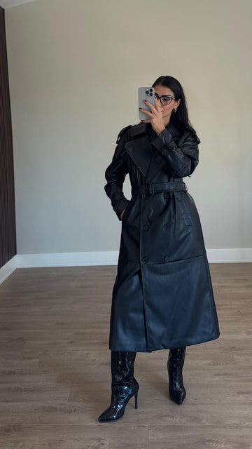 İthal Velvet Deri Siyah Trench