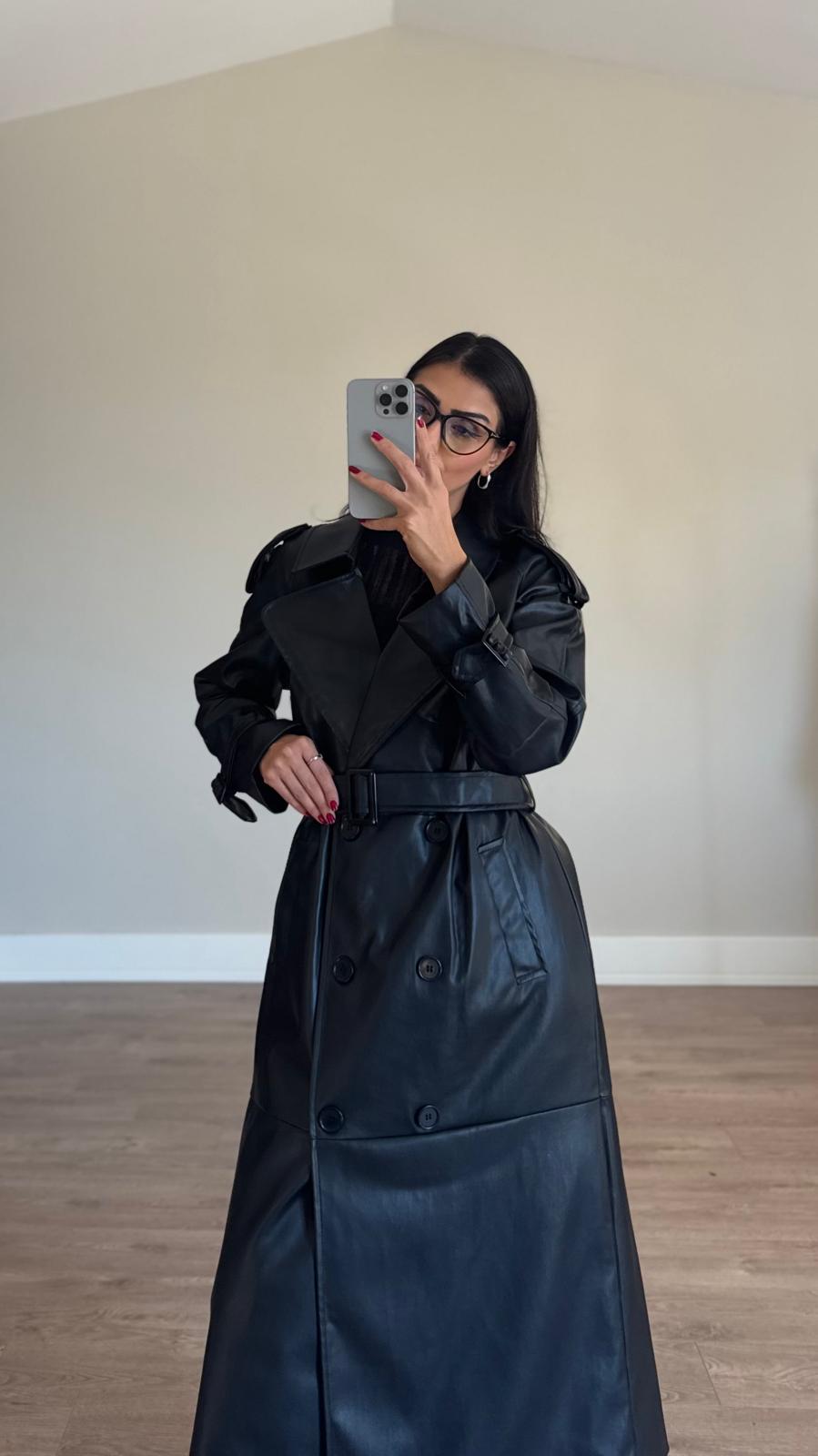 İthal Velvet Deri Siyah Trench