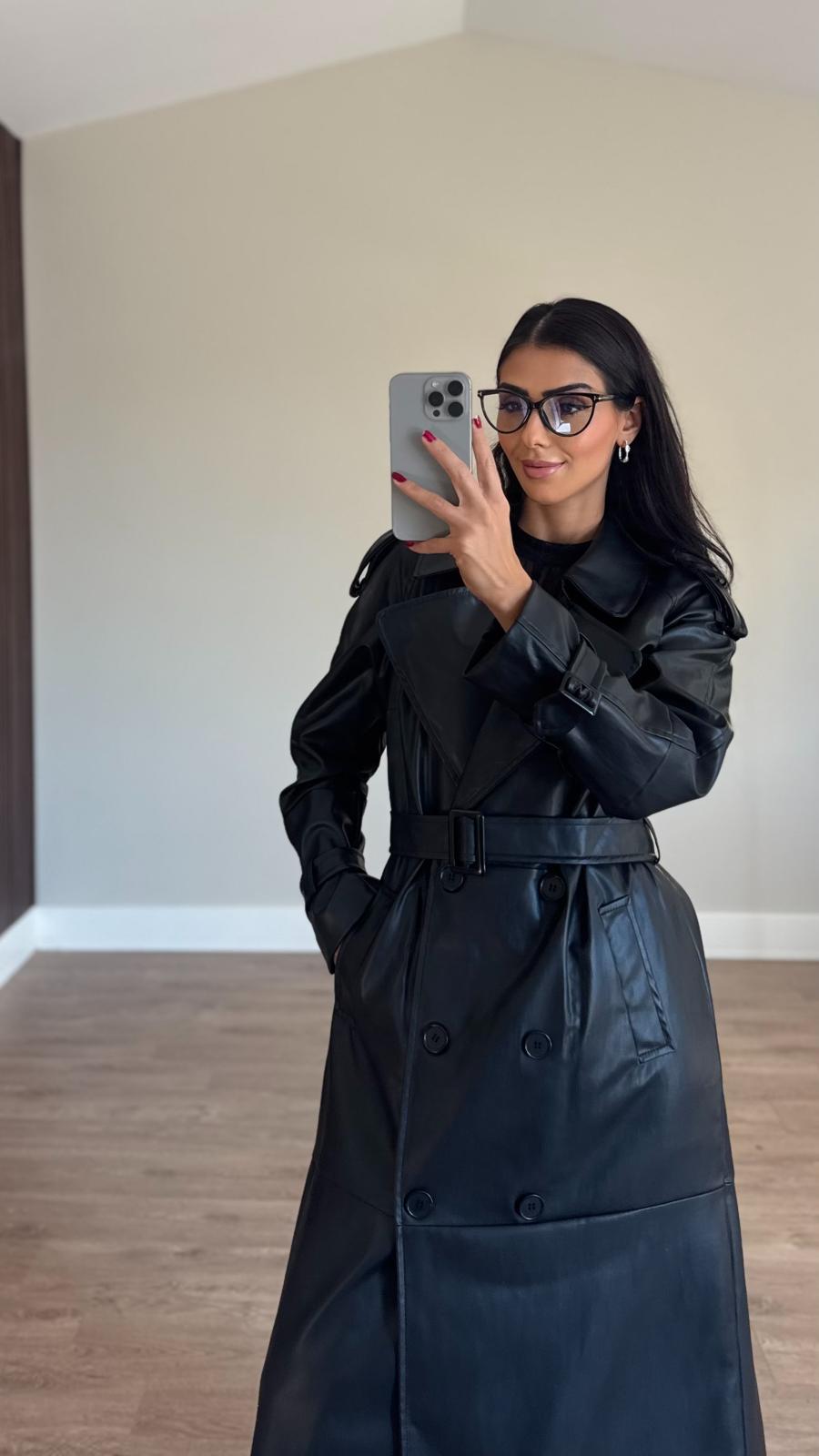 İthal Velvet Deri Siyah Trench