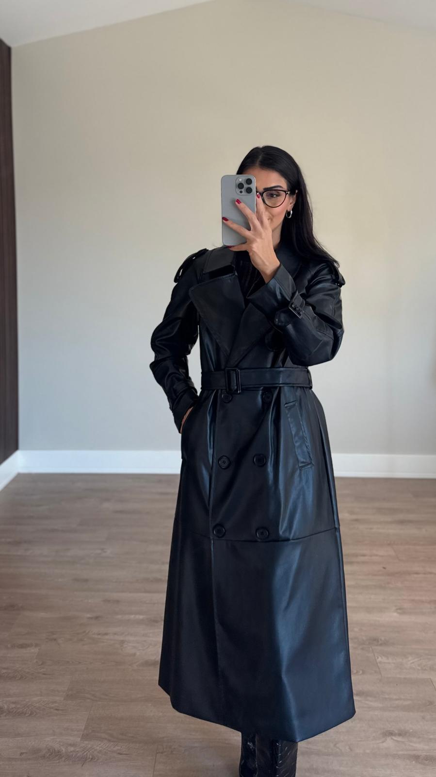 İthal Velvet Deri Siyah Trench