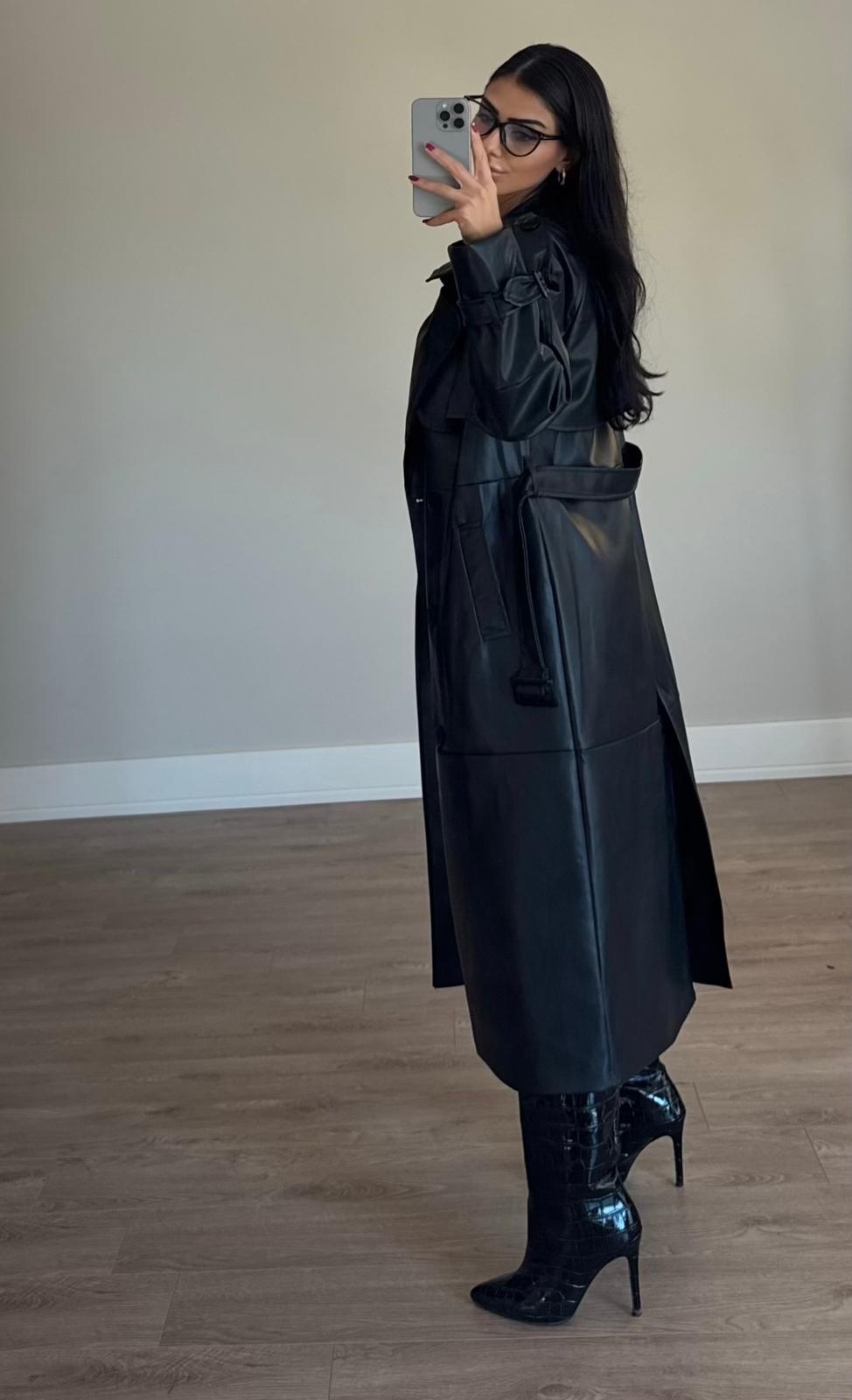İthal Velvet Deri Siyah Trench