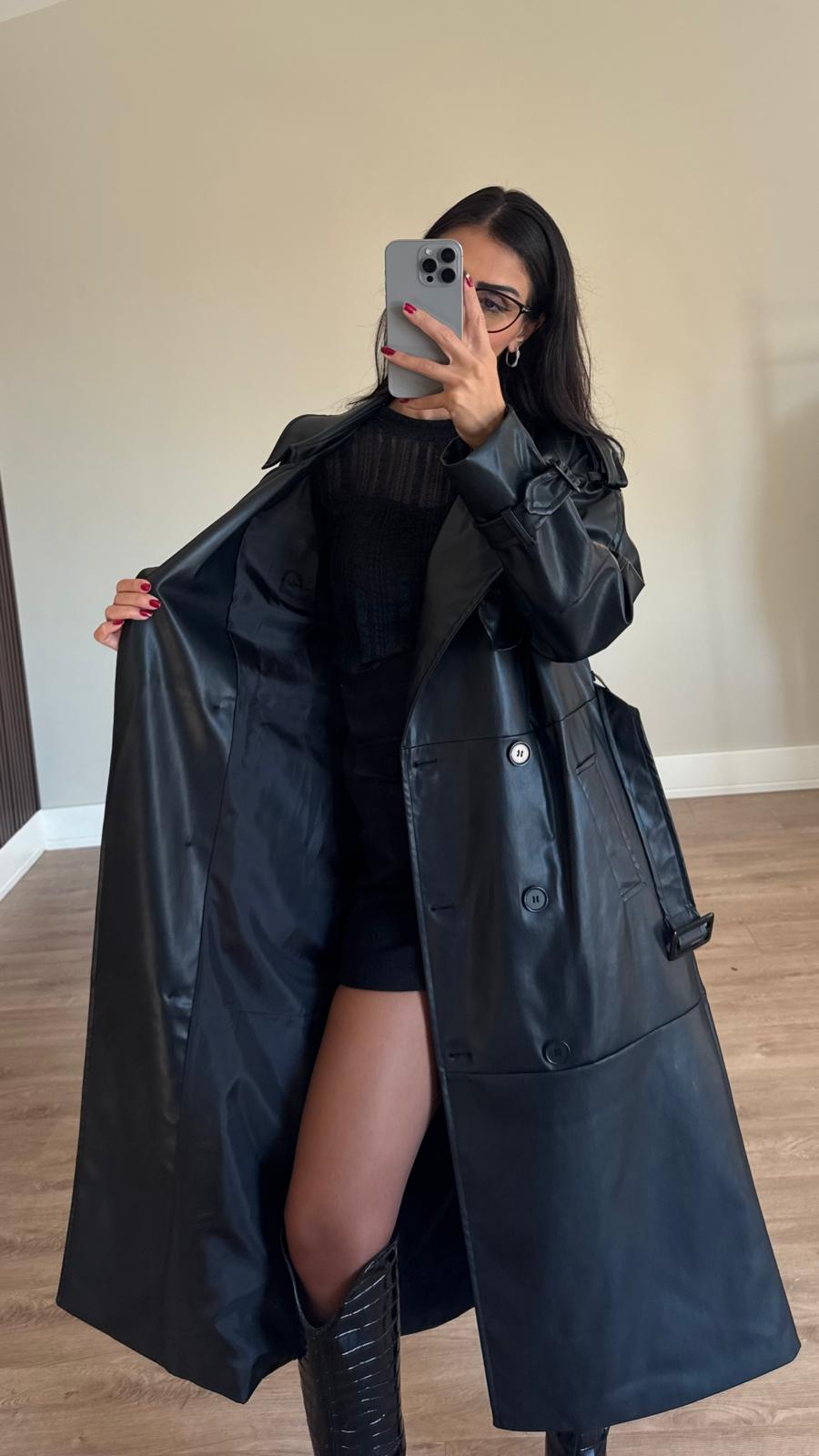 İthal Velvet Deri Siyah Trench