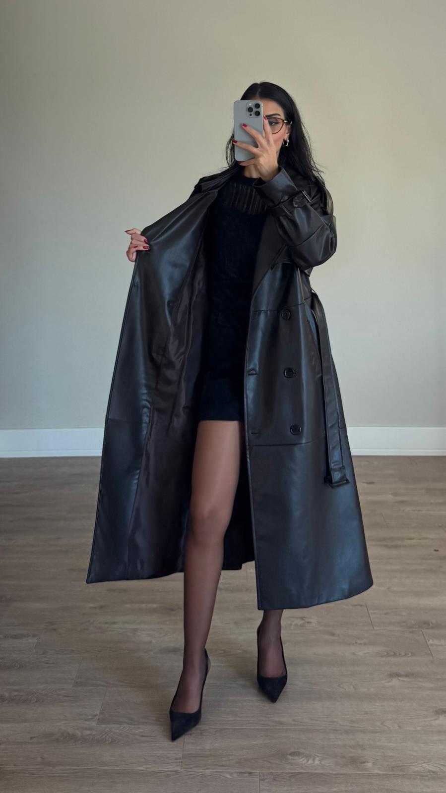 İthal Velvet Deri Acı Kahve Trench