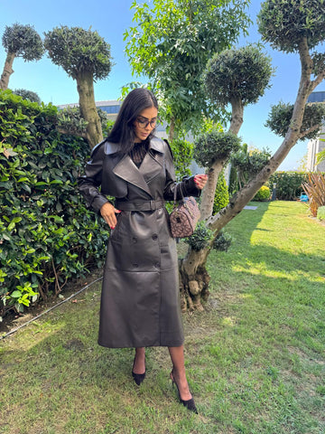 İthal Velvet Deri Acı Kahve Trench