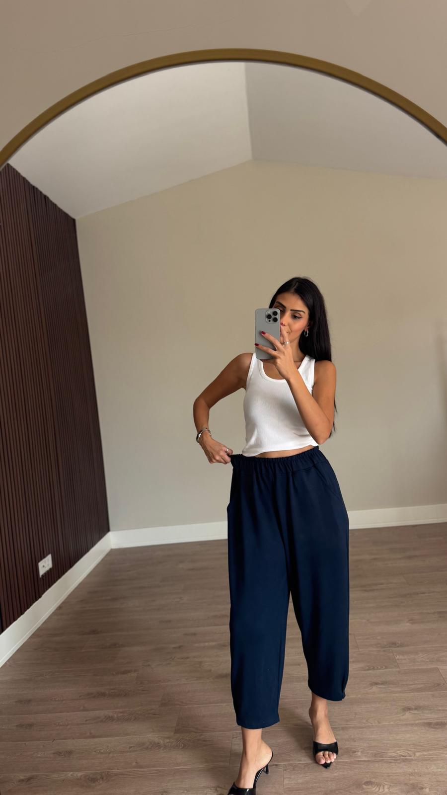 Modal Lacivert Paça Tutturmalı Pantolon