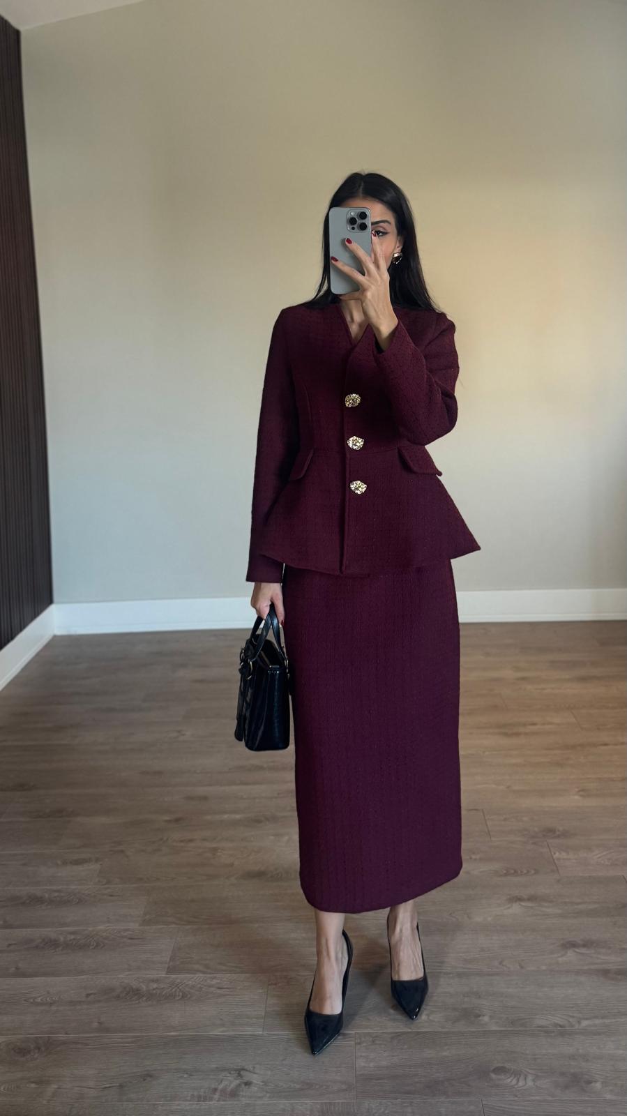 Chanel Kumaş Tuvit Bordo Etekli Takım