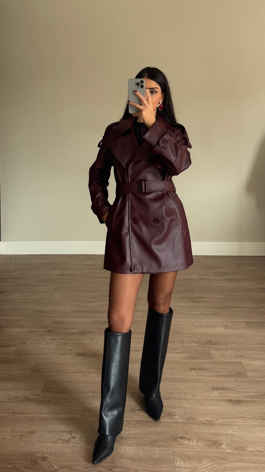 İthal Velvet Deri Bordo Kısa Trench