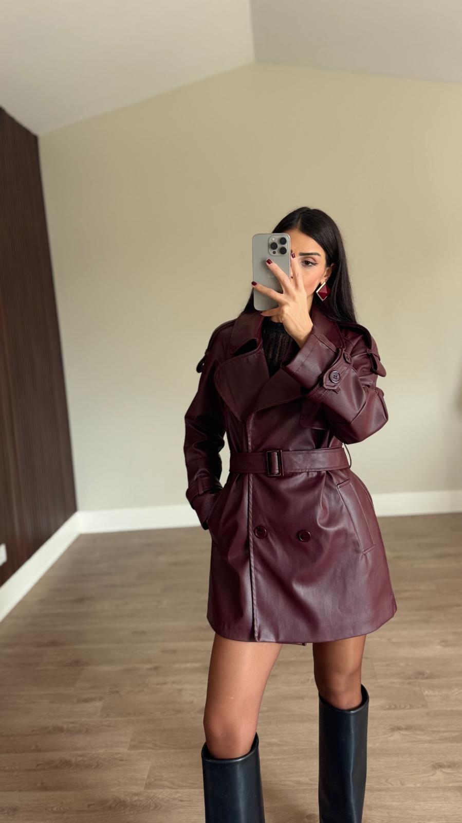 İthal Velvet Deri Bordo Kısa Trench