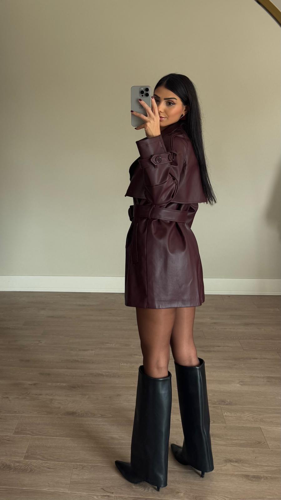 İthal Velvet Deri Bordo Kısa Trench