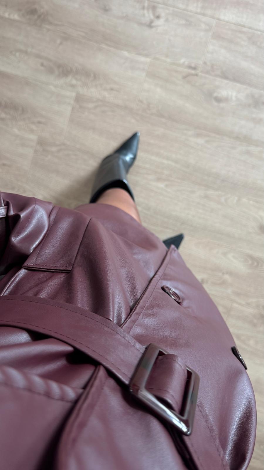 İthal Velvet Deri Bordo Kısa Trench
