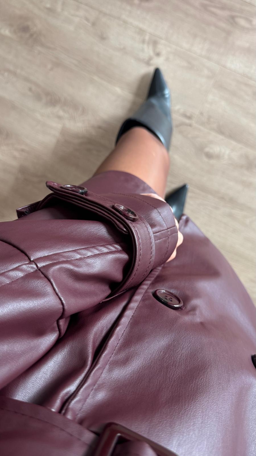 İthal Velvet Deri Bordo Kısa Trench