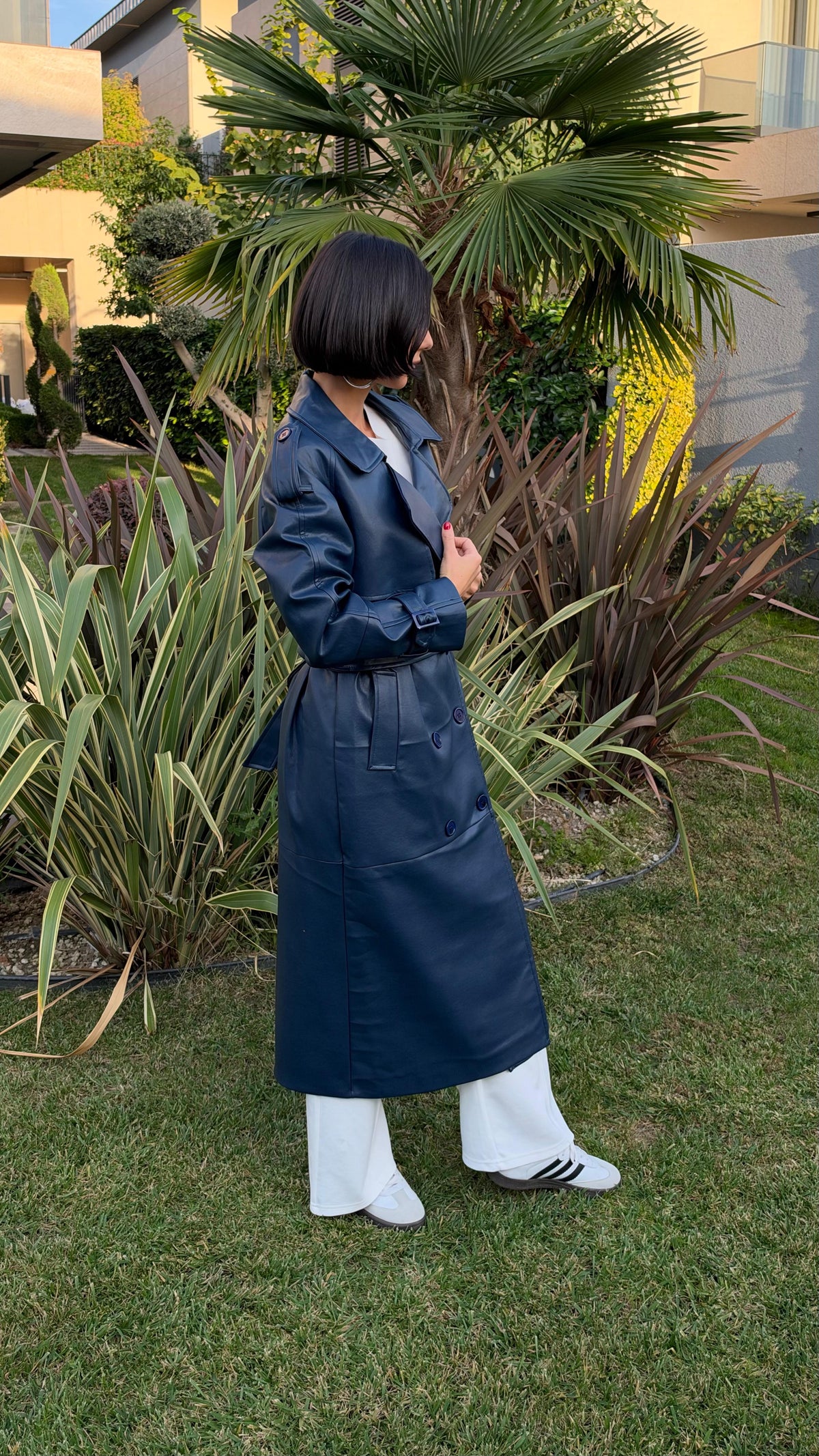 İthal Velvet Deri Lacivert Trench