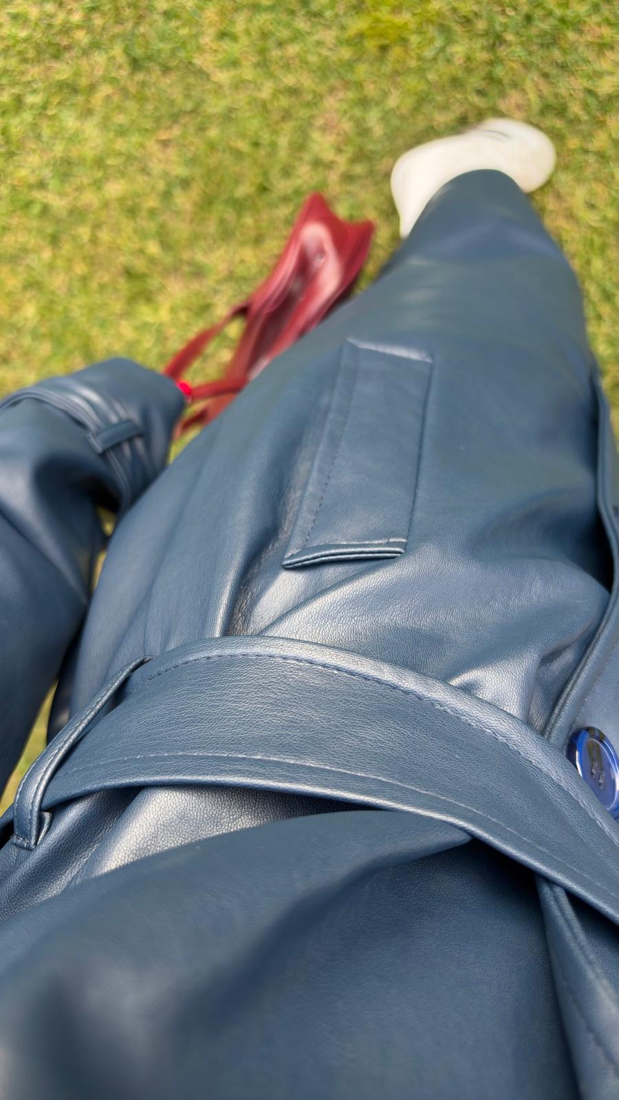 İthal Velvet Deri Lacivert Trench
