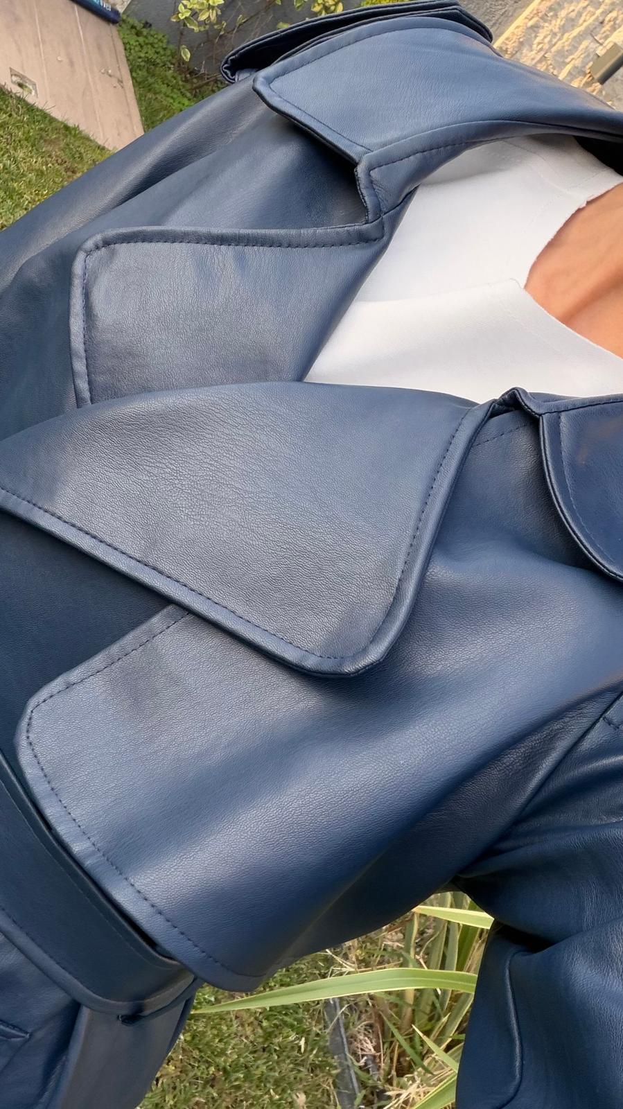 İthal Velvet Deri Lacivert Trench