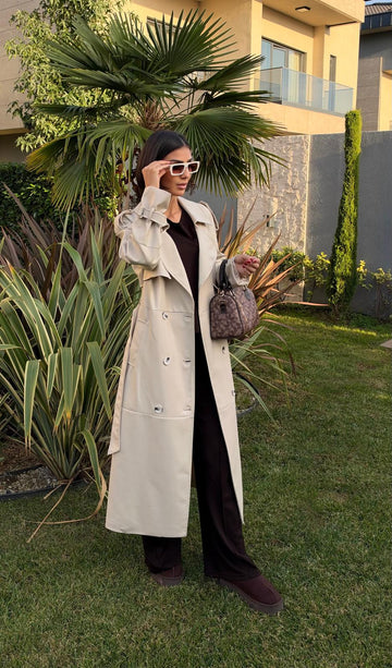 İthal Velvet Deri Bej Trench