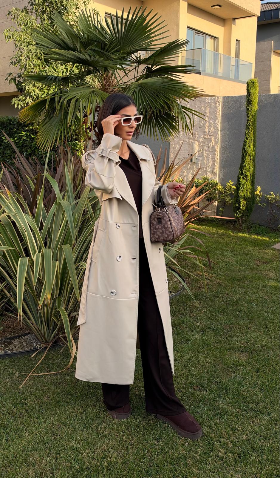 İthal Velvet Deri Bej Trench