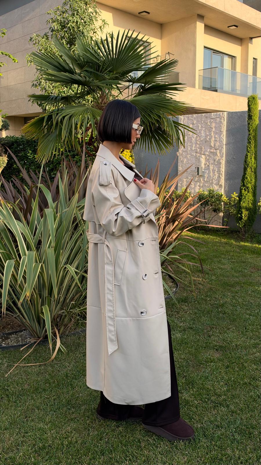 İthal Velvet Deri Bej Trench